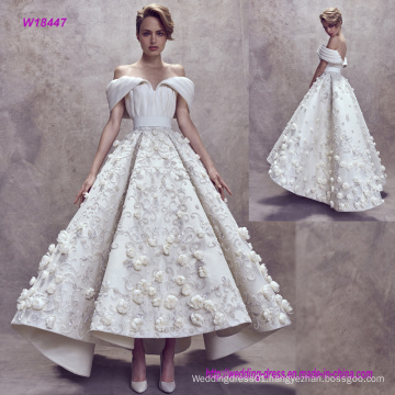 New Modern Style Pleats off Shoulder Backless Wedding Gown with 3D Flowers and Flare Ten Length Skirt